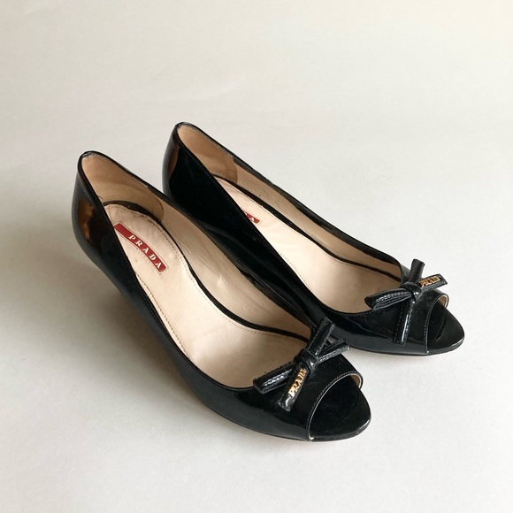 Prada Black Patent Leather Bow Logo Open Toe Wedges size EUR 38, US 7.5 - Picture 6 of 16